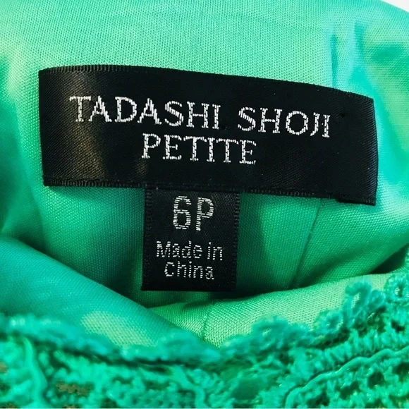 TADASHI SHOJI Jade Green Embroidered Lace Fluted Flare Midi Dress size 6P petite